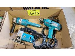 LOT COMPRENANT SCIE SAUTEUSE, RECTIFIEUSE ET PERCE