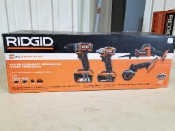 RIDGID-Perceuse visseuse 1/2'', visseuse à chocs 1/4'', scie alternative, meuleuse, 2 batterie, 1 chargeur, sac, 18 volts  neufs