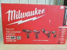 MILWAUKEE M12-Perceuse tournevis 3/8, visseuse 1/4, scie alternative, lampe, 2 batteries, 1 chargeur, sac neufs