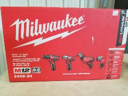 MILWAUKEE M12-Perceuse tournevis 3/8, visseuse 1/4, scie alternative, lampe, 2 batteries, 1 chargeur, sac neufs