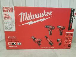 MILWAKEE M12-Ensemble de 5 outils: perceuse, impact, scie sauteuse, ratchet 3/8, lumière, 2 batteries, chargeur, sac