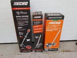 3 Outils ECHO: Coupe herbe à batterie, coupe herbe,  mini rotoculteur 56 volts batterie et chargeur, neufs