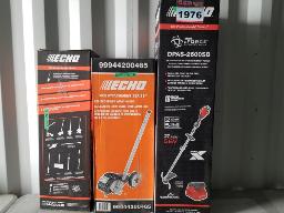 3 Outils ECHO: Coupe herbe à batterie, coupe herbe, mini rotoculteur 56 volts batterie et chargeur, neufs