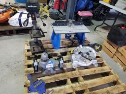 Press-drill, touret, &eacute;tau, scie &agrave; onglet, toupie avec table