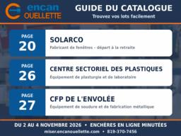 Pour vous aider &agrave; trouver les lots dans le catalogue : Solarco : &agrave; partir de la page 20 Centre sectoriel des plastiques : &agrave; partir de la page 26 CFP des Moulins : &agrave; partir de la page 27