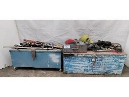 2x Wooden toolboxes, staff locker, assorted spanners and clamps