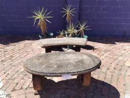 Concrete garden bench, table & 5x pot plants