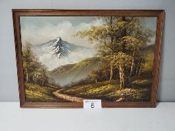 Oil painting of snow on the mountain with trees - L Grant