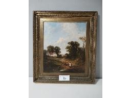 Oil painting with farmhouse and children in front