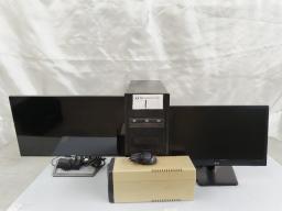 Computer tower, 2x screens, mouse & UPS